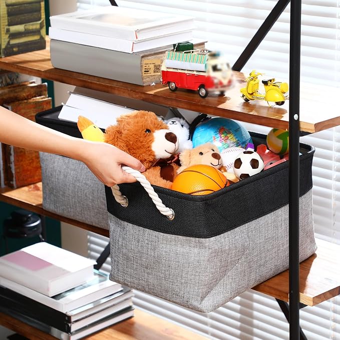 meekoo 8 Pack Collapsible Storage Bins Fabric Storage Bins Polyester Fabric Baskets with Handles Linen Closet Organizer for Shelf Home Closet Towels Toys(15 x 11 x 9.5 in,Black Gray) - Image 4