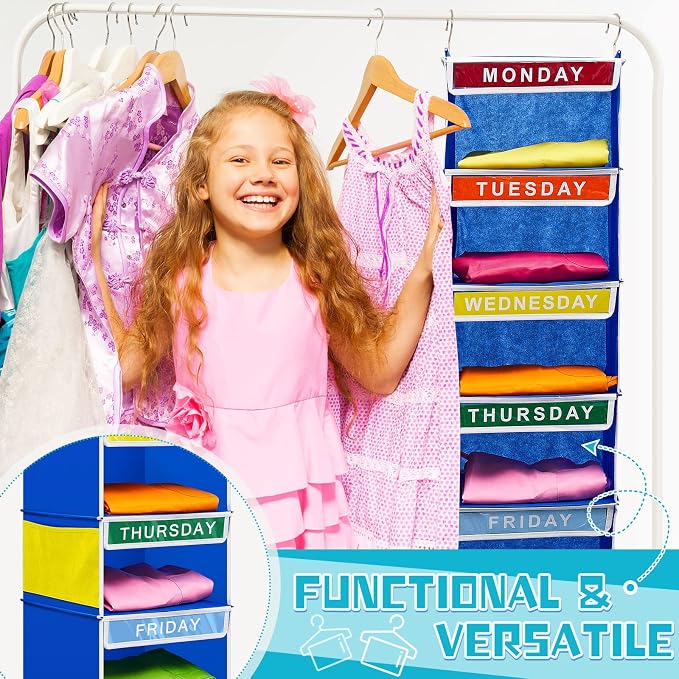 2 Pcs 7 Shelf Weekly Clothes Organizer for Kids Hanging Closet Organizer 11. 8 x 11. 8 x 50 Inches Daily Activity Kids Clothes Storage Drawers Cube Drawers Closet Hanging Shelves(Blue) - Image 5