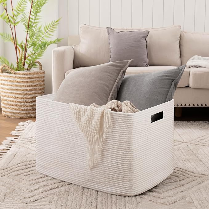 OIAHOMY 118L XXXLarge Cotton Rope Storage Basket, Oversized Blanket Basket, Used for Organizing Dirty Clothes in Living Room, Bedroom, Nursery, Dog Toy Storage Bins, 25" x 17" x 16",White - Image 2