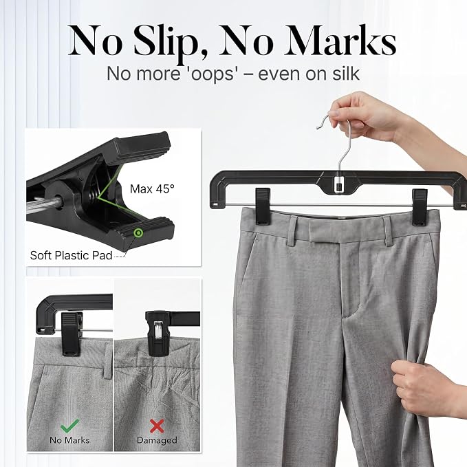 HOUSE DAY Black Pants Hangers with Clips 12 Pack, Plastic Skirt Hangers for Women, 14 Inch Clip Hanger for Pants, Skirts, Jeans, Shorts, Legging, with 360-degree Swivel Hook, 2 Adjustable Clips - Image 3