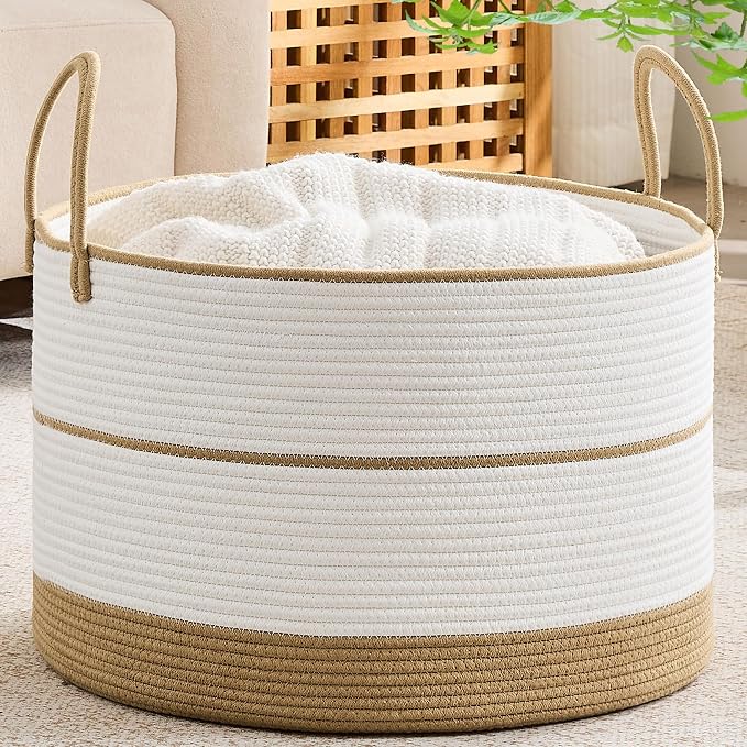 KAKAMAY Large Blanket Basket with Handles, Storage Basket for Living Room | Extra Large Capacity | Natural Cotton Rope | Blanket Storage | Woven Storage Basket | Stuffed Animal Storage | Laundry Basket by KAKAMAY