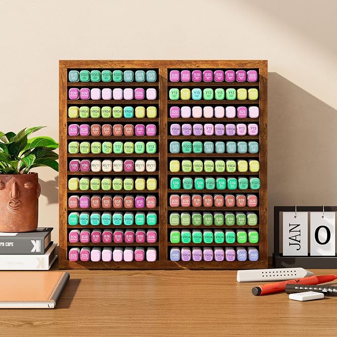 YMYNY Wooden Marker Organizer, Vintage Brown,11.81 x 5.31 x 11.81 HMR001H | Desktop Storage Hold 176 Markers,Pens,Pencils,Art Brushes Stationary Organizer Pencil Holder with 22 Compartments for Home - Image 7