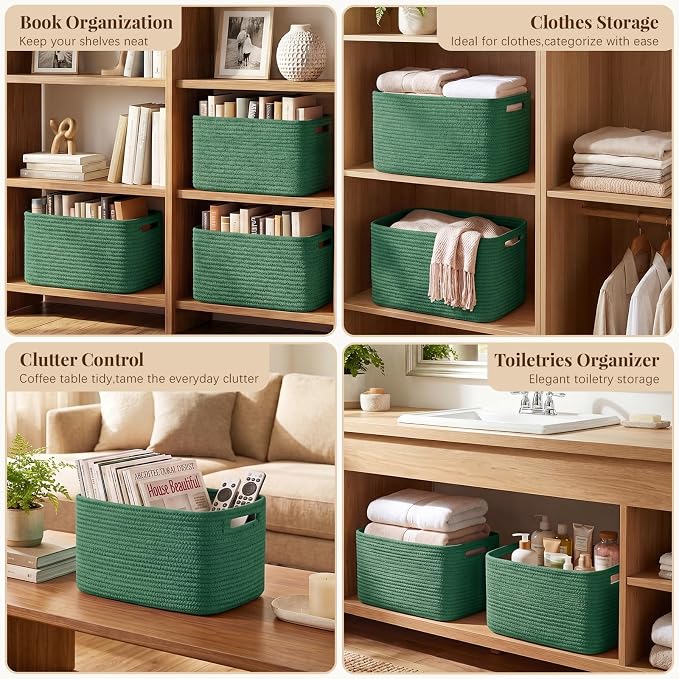 OIASKET 4Packs Natural Cotton Rope Storage Baskets for Organizing Toys, Clothes, Towels & Books, Soft Versatile Organizers for Shelves, Home Decorative Bins, 13''Lx9''Wx7.8''H, Green - Image 5