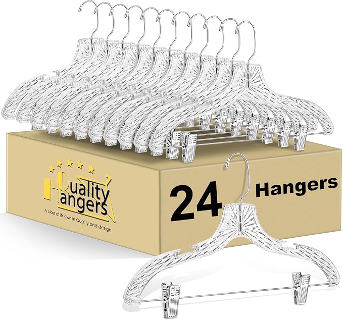 Quality Clear Plastic Skirt Hangers - 24 Pack Crystal Cut Pants Dress Durable Plastic Hanger Set with Adjustable Clips - Heavy Duty Hangers by QualityHangers