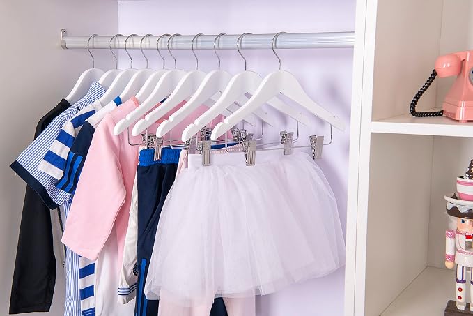 Quality Hangers Kids Wooden Pants Hangers 12 Inches - 80 Pack Skirt Hangers with Adjustable Metal Clips 360° Swivel Chrome Hook & Nonslip Notches- Ideal for Clothes Size 8 and Smaller (White, 80) - Image 3