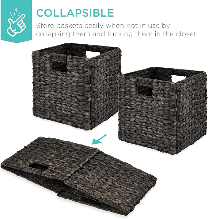 Best Choice Products 10.5x10.5in Pack of 5 Cube Storage Baskets, Water Hyacinth Multipurpose Collapsible Organizers, Handwoven Laundry Totes for Laundry, Living Room, Kids Room & Nursery - Black - Image 3