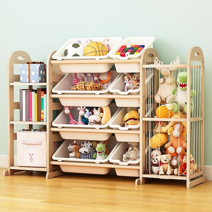 Wooden Toy Storage Organizer, Toy Organizers & Storage with Stuffed Animal Storage, Toy Storage Shelf with 3 Shelves, 8 Storage Bins, Kids Bookshelf, Toy Holder for Toddler Rooms, Playrooms, Bedrooms - Image 4