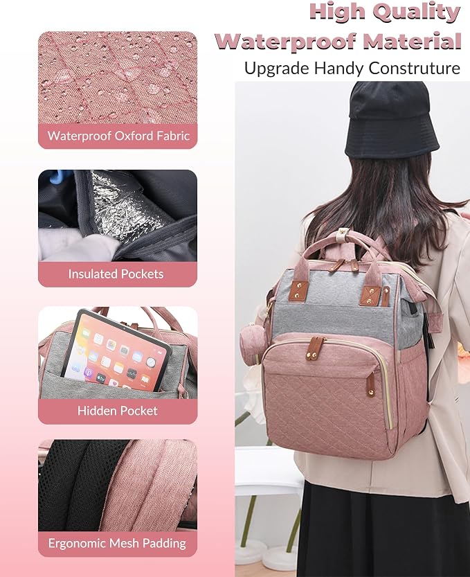 Diaper Bag with Changing Station, Waterproof 3 in 1 Diaper Backpack with Foldable Changing Pad, Large Travel Backpack for Mom & Dad, Baby Gift for Baby Girl & Boy, Pink-Grey - Image 6