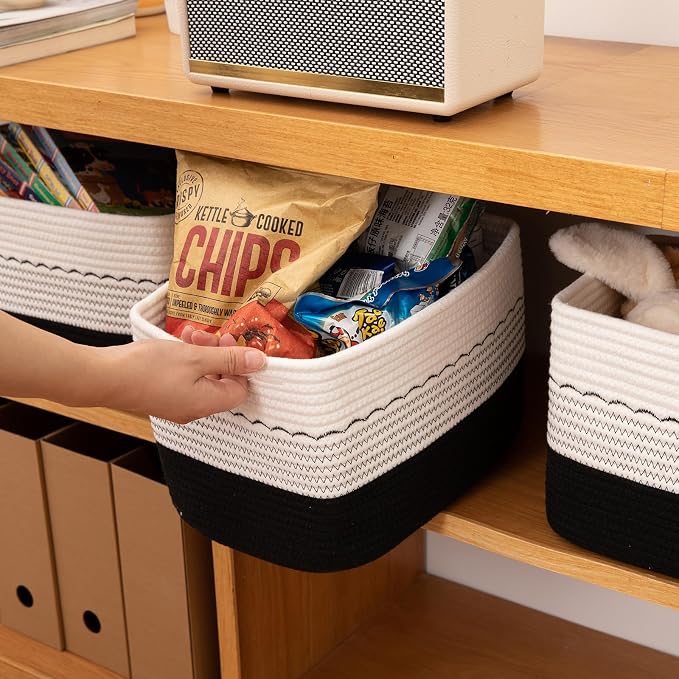 OIASKET 4 Pack Storage Baskets for Organizing, 13"X9"X7.87", Decorative Cotton Rope Baskets for Shelves, Small Woven Basket for Toys, Books and Towels, Black & White - Image 5