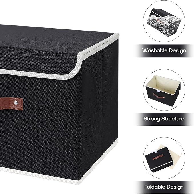 ANMINY Fabric Storage Box Bins with Lids, Black, 13"x9"x7.9", 2 Pack | Keepsake Memory Storage, Cotton Linen, PP Board Reinforced, Washable, PU Handles, Foldable & Stackable, Decorative, Medium - Image 3