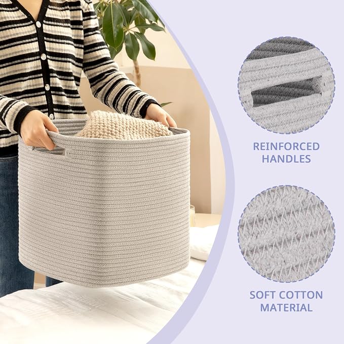 OIAHOMY 2 PACK Cube Storage Bin 13 Inch Collapsible Storage Cube Grey | Cube Storage Organizer Storage Bins for Shelves Baskets for Organizing Woven Rope Storage Baskets - Image 3