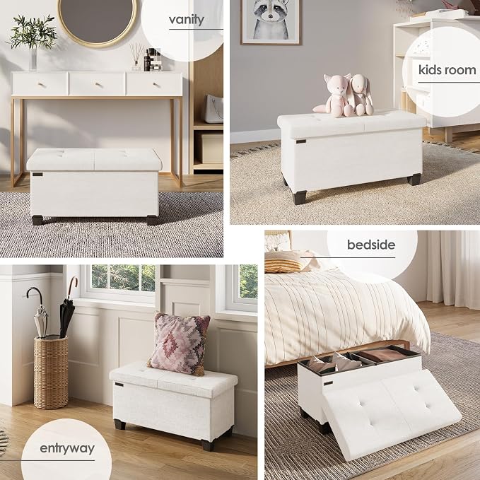 Storage Ottoman Bench with Bins, 30-in Storage Bench for Bedroom End of Bed, Folding Foot Rest Ottoman for Living Room Max 660lbs, Fabric Ottomans, Beige - Image 4