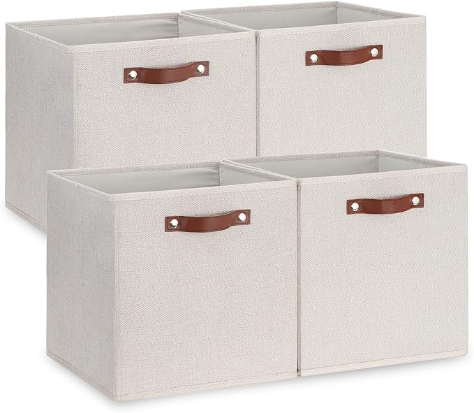 Temary Fabric Storage Cubes Storage Bins with Dual Leather Handles, 4 Pack Cube Baskets 13x13 Foldable Cube Organizers for Shelves, Home, Office, Nursery by TEMARY