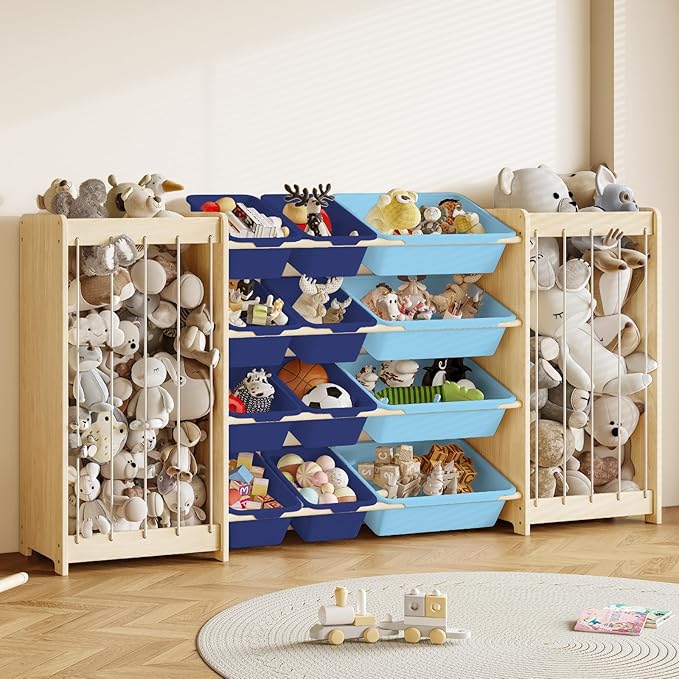 EXPERLAM Large Toy Storage Organizer, Wooden Stuffed Animal Storage & 12-Bins Toy Organizer, Double-Sided Plush Toy Holder Featuring Thicker Ropes, Space Save Bedroom Nursery Playroom Storage, Blue by EXPERLAM