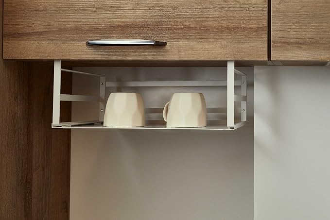 Nxconsu Under Shelf Basket 2 Pack, Cabinet Storage Organizer, 16.1" White | Solid Metal Bottom Holds Up to 30 lb with No Drilling for Kitchen Cupboard Pantry Bookshelf Closet Laundry and Bath - Image 6