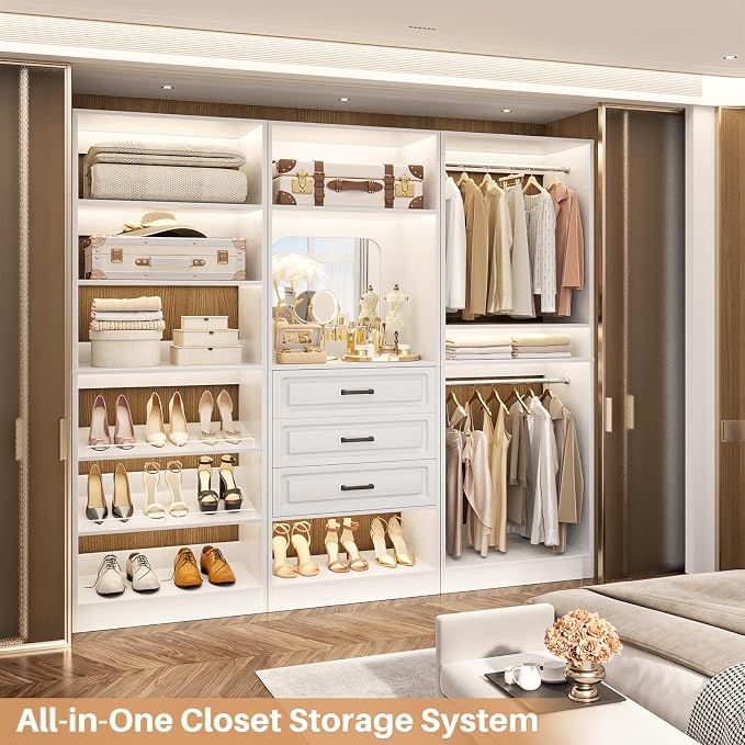 Unikito 75" Modular Closet System with 3 Sets, Mirror & Drawers, White | Hanging Rods & Adjustable Shelves, Freestanding Wood Wardrobe Garment Rack, Walk in Tower Clothes Storage Organizer Unit - Image 2