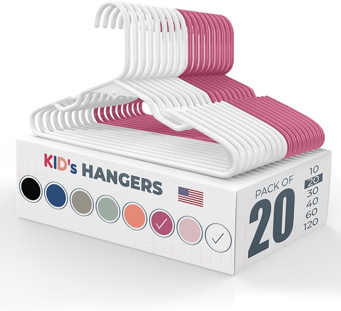 Plastic 12” Kids Hangers 20 Pack – Made in the USA – 5lb Capacity Baby & Toddler Clothes Hangers with Notches & Reinforced Edges – Fits Children’s Sizes Up to 8 – White & Pink by NeatiesHangers