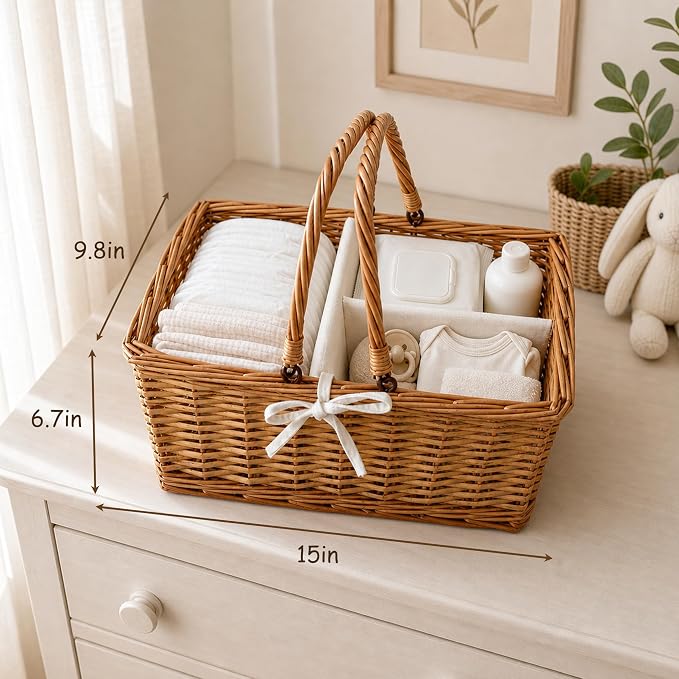 Wicker Diaper Caddy Organizer, Woven Rattan Diaper Caddy Basket with Removable Divider for Changing Table, Portable Car Organizer for Diapers Storage, Baby Shower Gifts - Image 2