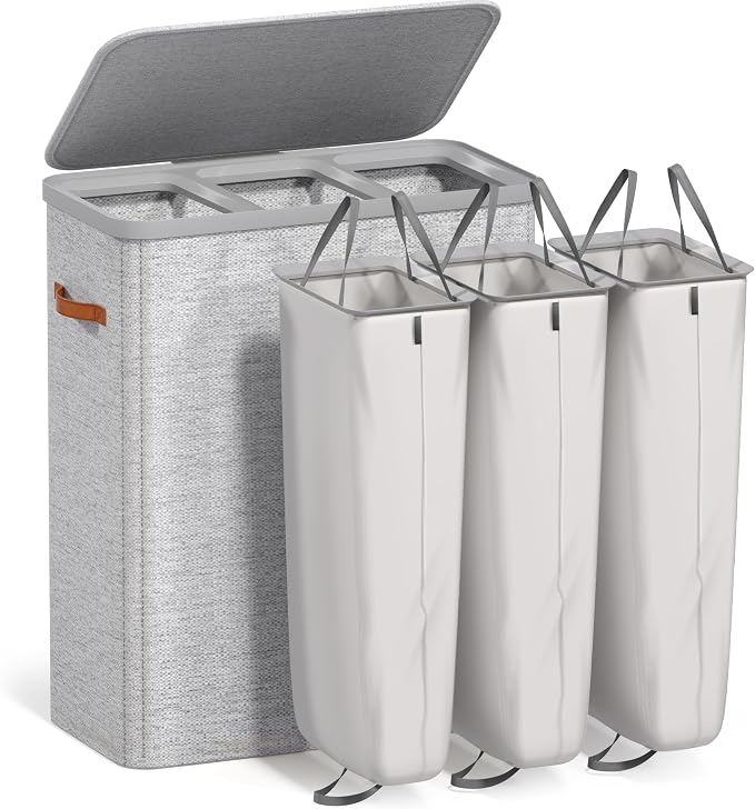 Sorbus Laundry Hamper with Lid - Collapsible 3-Compartment Fabric Laundry Basket with Handles and Removable Laundry Bag – 50 Gallon (190 L) Dirty Clothes Hamper for Bedroom, bathroom and dorm (Gray) - Image 8