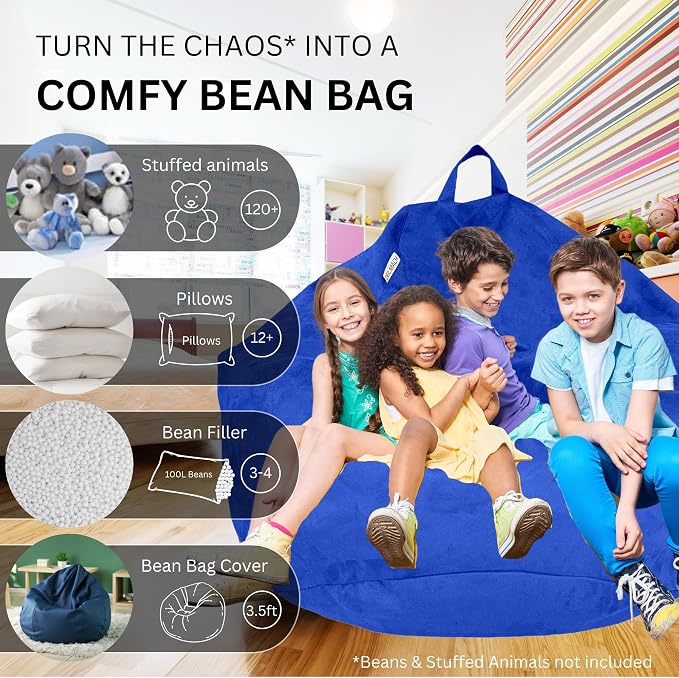Bean Bag Stuffed Animal Storage Chair Cover (No Filler) for Kids and Adults. Extra Large Bird's Nest Beanbag Memory Foam Soft Premium (Royal Blue, 3.5 ft (Cover Only)) - Image 2