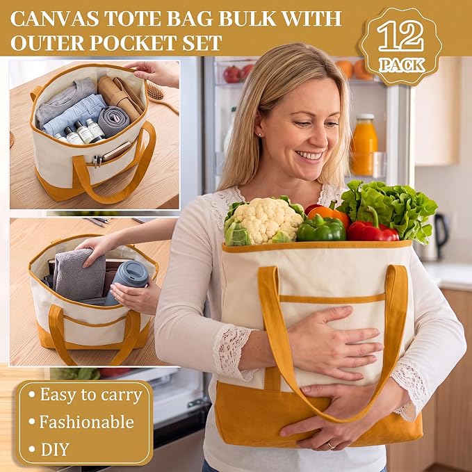 Sanwuta Canvas Tote Bags Bulk with Outer Pockets,Earth Color,12 Pack | Reusable Cotton Grocery Bags, Perfect for Teachers, Party Giveaways, DIY Crafts, Wedding Favors, Business Gifts - Image 5