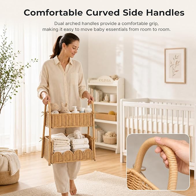 2-Tier Diaper Caddy Organizer, Handwoven Nursery Storage Basket | PE Rattan Diaper Caddy with Side Handles, Large Changing Table Organizer for Diapers, Wipes and Baby Essentials - Image 7