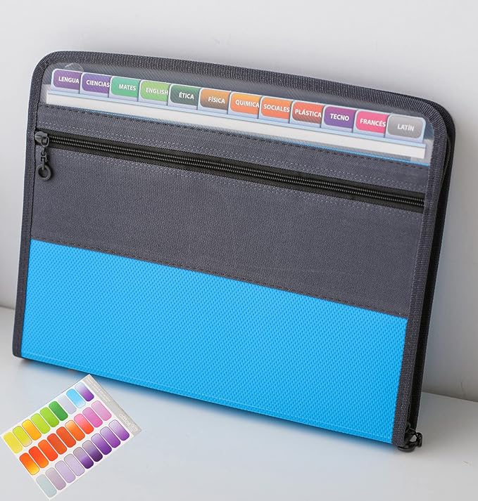 NAFY Expanding File Folder, 13 Pockets Document Organizer with Zipper, A4 Letter Size Portable Accordion Expanding File Folders with 27pcs Multicolor Labels for Home Office School Supplies (Blue) by Nafy