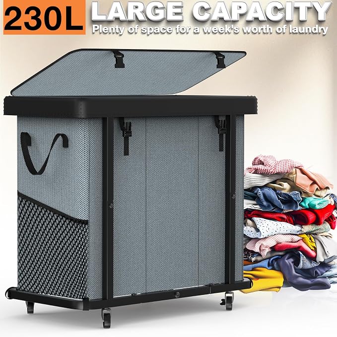 Laundry Basket with Wheels, 230L(60Gal) Laundry Sorter 3 Section - Gray | Leather Patchwork Laundry Hapmer, Sturdy Metal Frame, Removable Washable Bag, Tall Clothes Sorter for Bedroom - Image 3