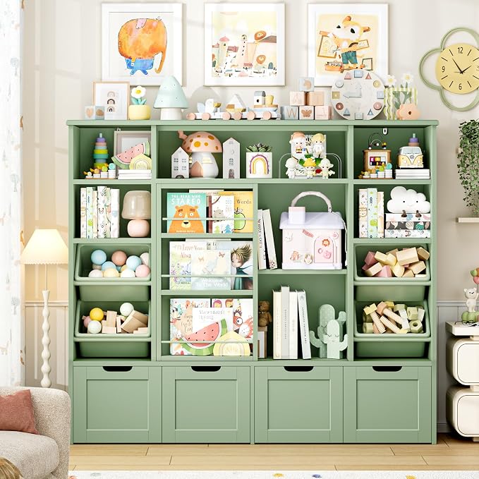 Toy Storage with Sliding Bookshelf, Toy Organizer with 4 Bins | 55.1’’ W Large Toy Storage Organizer Kids Bookshelf with 4 Movable Drawers, Toy Bins Playroom Storage for Kid Room, Green - Image 7