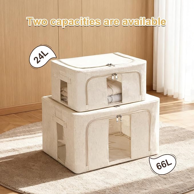 3 Pack Clothes Storage Bins with Metal Frame,Foldable Storage Bin with Lid for Clothes,Stackable Cotton Linen Fabric Organizer Set with Carrying Handles and Clear Window(Beige, 24L) - Image 7