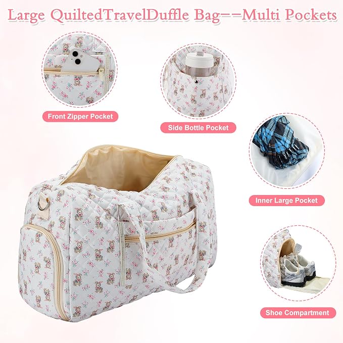 Bunny Quilted Duffle Bag with Shoe Compartment and Toiletry Pouch | Separate Shoe Pocket, Multi External Pockets, Detachable Shoulder Strap, Luggage Sleeve For Travel - Image 3