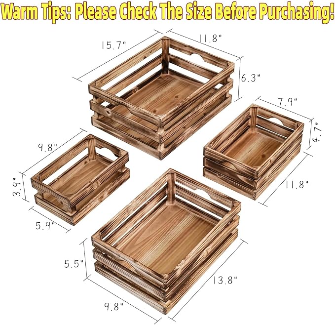 Large Wooden Crates Set of 4 Decorative Storage Box with Handles, Rustic Torched Brown Farmhouse Wooden Crates for Display, Organizer Container Baskets Box for Kitchen, Pantry, Bedroom - Image 2