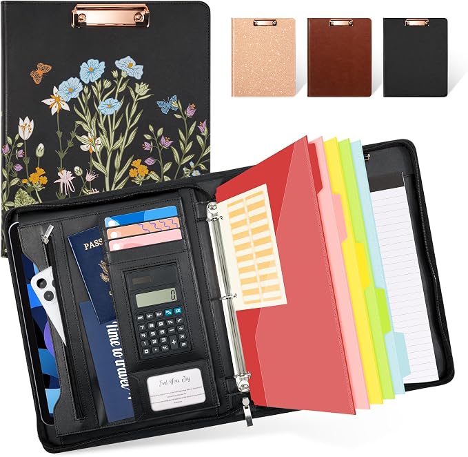 Ospelelf Leather Portfolio Folder with Zipper - 3 Ring Binder with Clipbard - Calculator, 12.1” Tablet Sleeve, 5 Dividers with 10 Pockets, Refillable Notepad, Card Holder (Bushes) by OspelelfOfficeSupplies