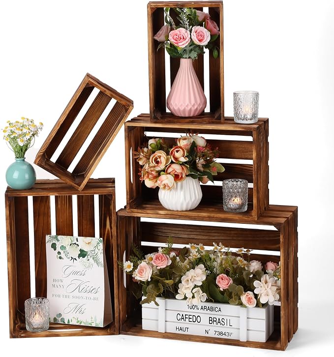 Soaoo 5 Pcs Decorative Nesting Wooden Crates for Storage Display 5 Size Large Small Rustic Wood Decorative Storage Crates with Handle Farmhouse Crate Box Container Made from Pine(Vintage Brown) by Soaoo