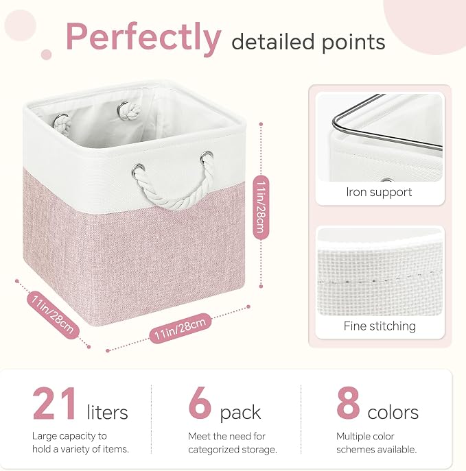 FinishingBo 11 inch Cube Storage Bin with Handles 6 Pack | Foldable Basket, Fabric Storage Bins, Closet Storage, Home Organizer (White/Pink) - Image 5
