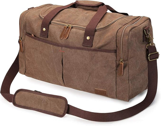 S-ZONE Canvas Travel Duffel Bag Weekend Overnight Bag for Men and Women | Water-resistant, X-Large Size, Multi-Pockets, Removable Shoulder Strap, for Gym or Travel, Coffee by S-ZONE
