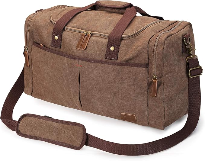 S-ZONE Canvas Duffel Bag for Travel Weekender Overnight Travel Bags for Men | Cotton Canvas, 45L Large Size, Shoes Compartment,Multi-Pocket, Removable Shoulder strap for Gym or Business, Coffee by S-ZONE