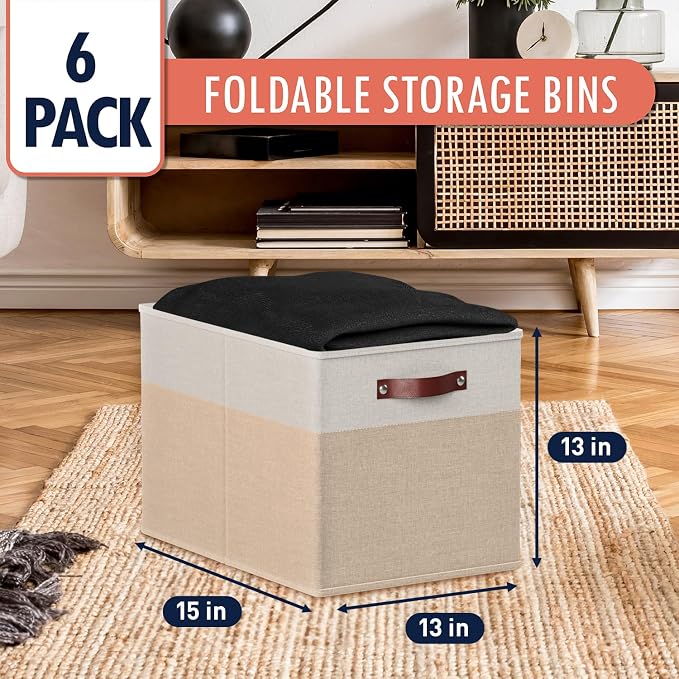 Ornavo Home 13x15x13 Foldable Fabric Storage Cube Bins, 6 Pack, White/Khaki | Collapsible Linen Shelf Basket Organizer; Leather Handles; Fits Cube Storage Shelving Units - Image 3