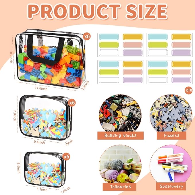 18 Packs Toy Storage Bags with Labels, Clear PVC Puzzle Storage Bags, Waterproof Travel Toy Organizer Bags with Zipper for Building Blocks Kids Books (3 Size) - Image 2