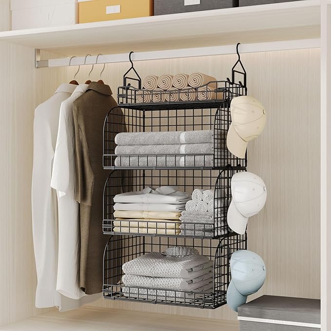 HapiRm Hanging Closet Organizer Storage - 4 Tier Metal Stackable Hanging Closet Shelves with Dividers and S Hooks, Foldable Clothes Shelves for Clothes, Pants, Shoes, Coat, Hats Clutches Accessories - Image 5