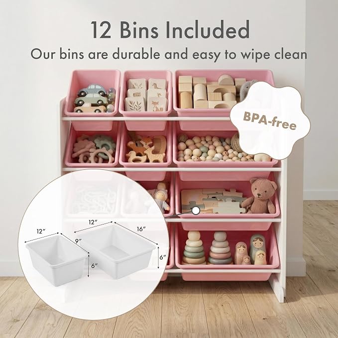 Humble Crew Kids Toy Organizer with 12 Bins, 4 Tier Storage for Playroom | Sturdy wood and steel toddler shelf, removable BPA-free containers, wall anchor anti-tip safety kit for bedroom or classroom - Image 3