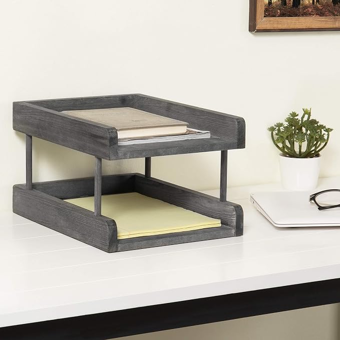 MyGift 2-Tier Rustic Gray Wood Paper File Organizer in and Out Tray/Office Desktop Document Holder Rack - Image 2