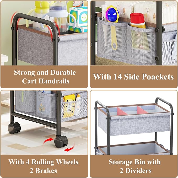 3-Tier Baby Diaper Caddy Cart Organizer with 2 Dividers & 14 Mesh Pockets - Black Mobile Nursery Storage Cart with Wheels, Durable Metal Utility Cart for Nursery, Bedroom, Baby Essentials Organization - Image 5