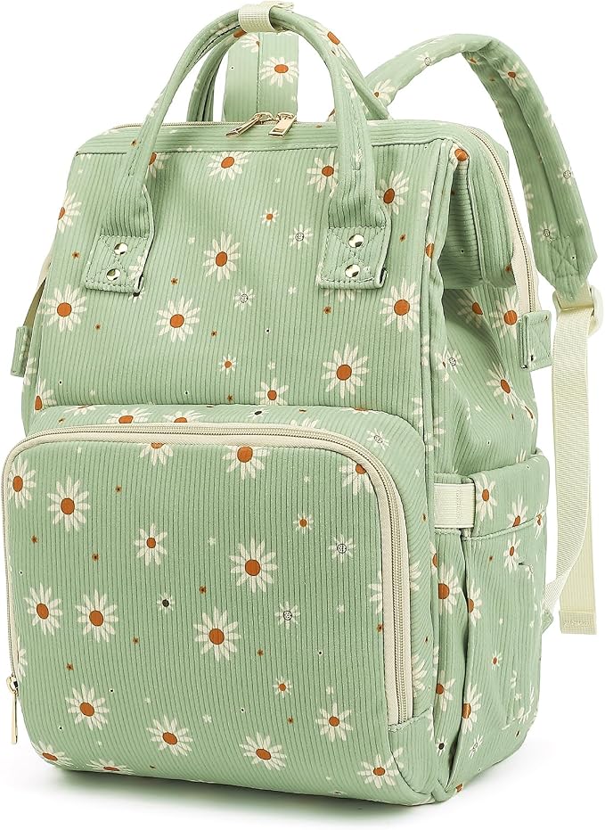 Corduroy Diaper Bag Backpack for Baby Girls Boys, Women Large Nappy Bags for Mom (Green Corduroy Daisy) by Yusudan