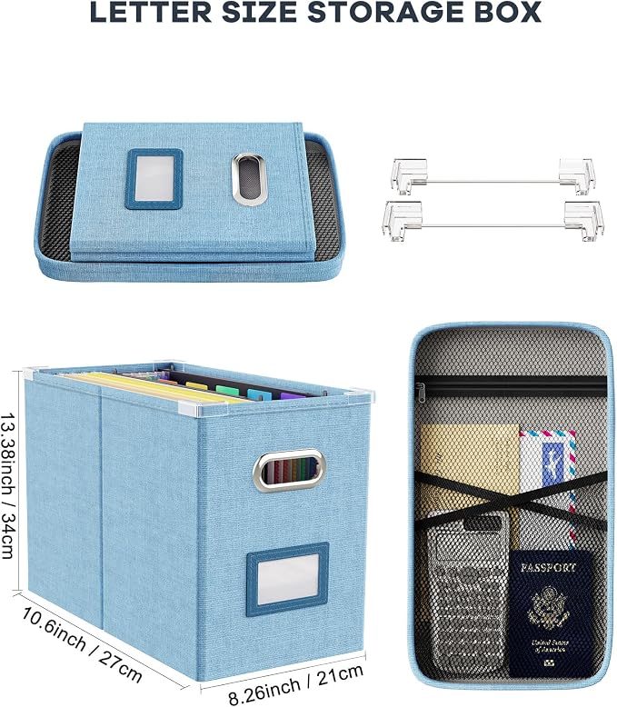 Portable Document Organizer with Lid, Hanging Storage Box with Mesh Pocket for Letter Files, Smooth Sliding Rail - Sky-blue (1 PCS) - Image 2