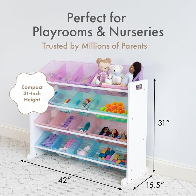 Humble Crew Kids Toy Organizer with 16 Bins, 4 Tier Storage for Playroom | Sturdy wood and steel toddler shelf, removable BPA-free containers, wall anchor anti-tip safety kit for bedroom or classroom - Image 6