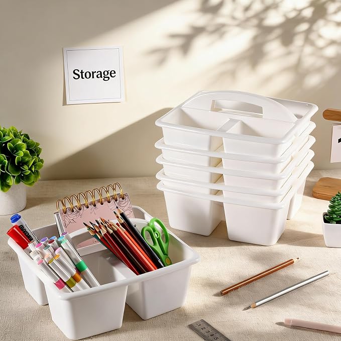 6 Pack Classroom Caddy with Handle Plastic Storage Caddy Organizer with 3 Compartments Desk Caddies Holder Portable Storage Bin for Pencil, Crayon, Marker, Home, Office, School Supplies(White) - Image 4