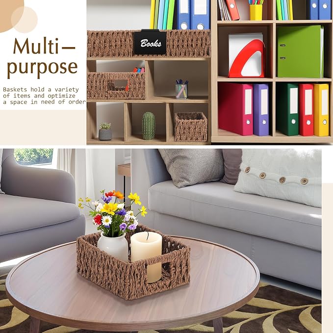 Marsui 9 Pcs Paper Rope Storage Baskets with Handle Labels Handwoven Multi-size Brown Storage Bins for Organizing Small Baskets Container for Shelves Closet Pantry Toilet - Image 5