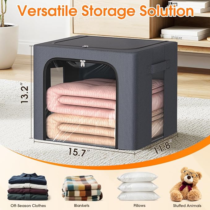 6 Pack Clothes Storage Bins with Metal Frame,40L Storage Bags Fabric Box Organizer with Clear Window,Zippers,Sturdy Handles(6 Pcs,Light Grey,40L) - Image 7