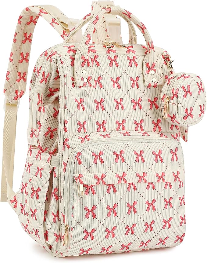 Corduroy Diaper Bag Backpack, Large Capacity Multifunction Baby Diaper Bags for Women, Insulated Bottle Pockets & Pacifier Case, Stylish Travel Nappy Changing Bags for Mom Dad (Bow Pink) by Unknown
